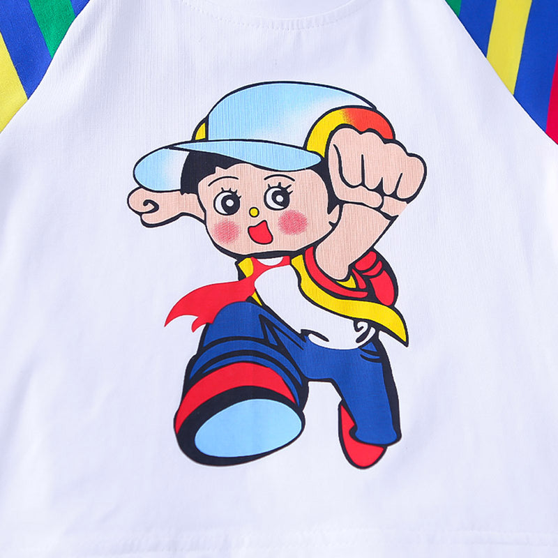 Boys Multicolor Striped Raglan Sleeves Graphic T-Shirt With Shorts Set 2 pc. Sets
