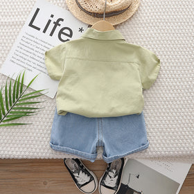 Boys Green Blue Ocean Print Short Sleeve Shirt With Denim Shorts Set 2 pc. Sets