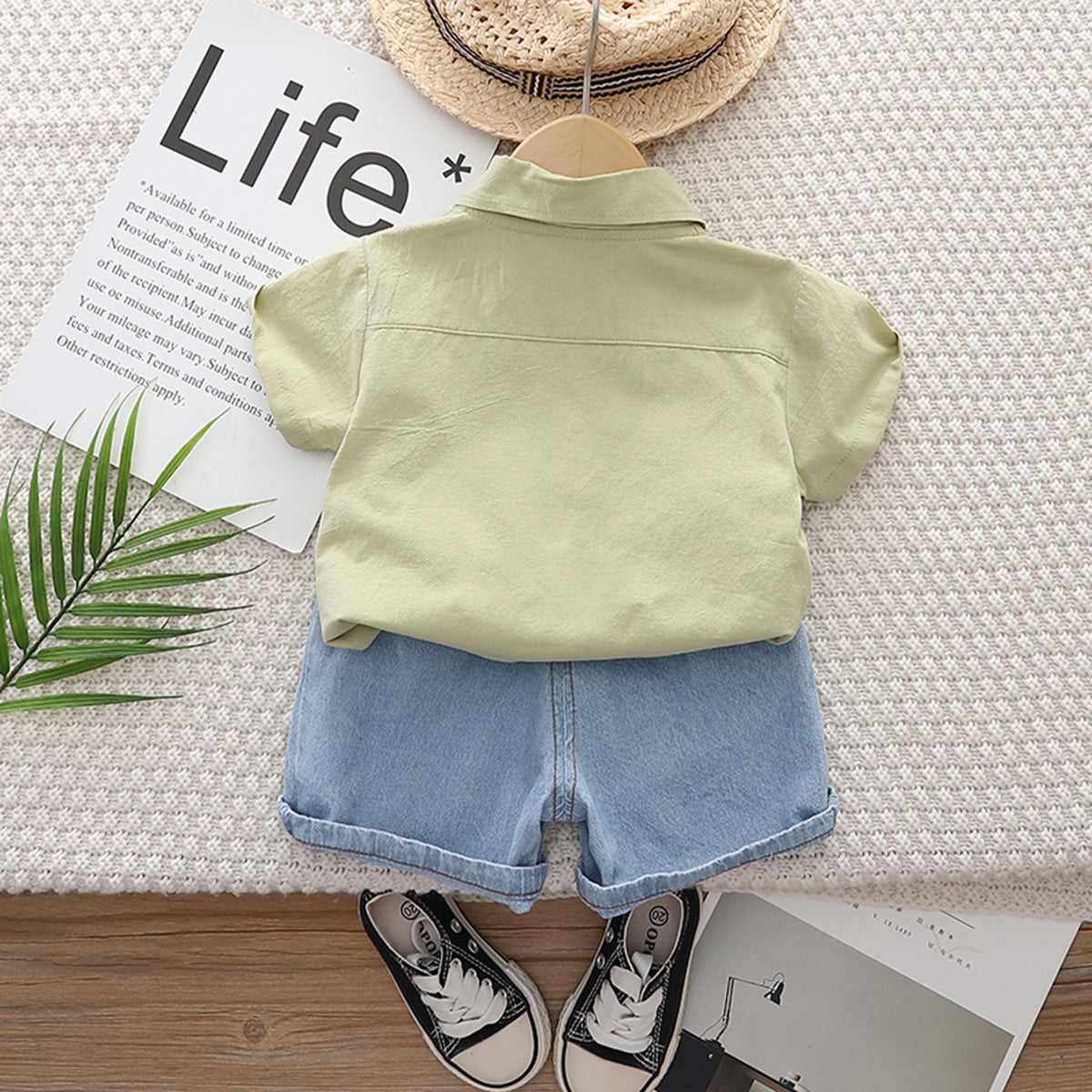 Boys Green Blue Ocean Print Short Sleeve Shirt With Denim Shorts Set 2 pc. Sets