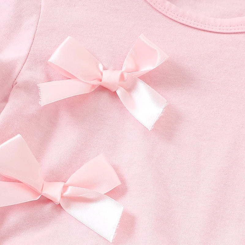 Girls Light Pink Bow Applique Short Sleeve T-Shirt With Denim Jeans Sets 2 pc. Sets
