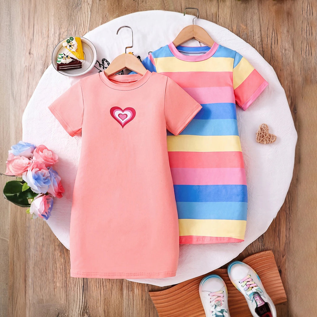 Girls Multicolour Striped Short Sleeve T-Shirt Dress Pack Of 2 Casual Dresses Multicolor 3-4 Y
