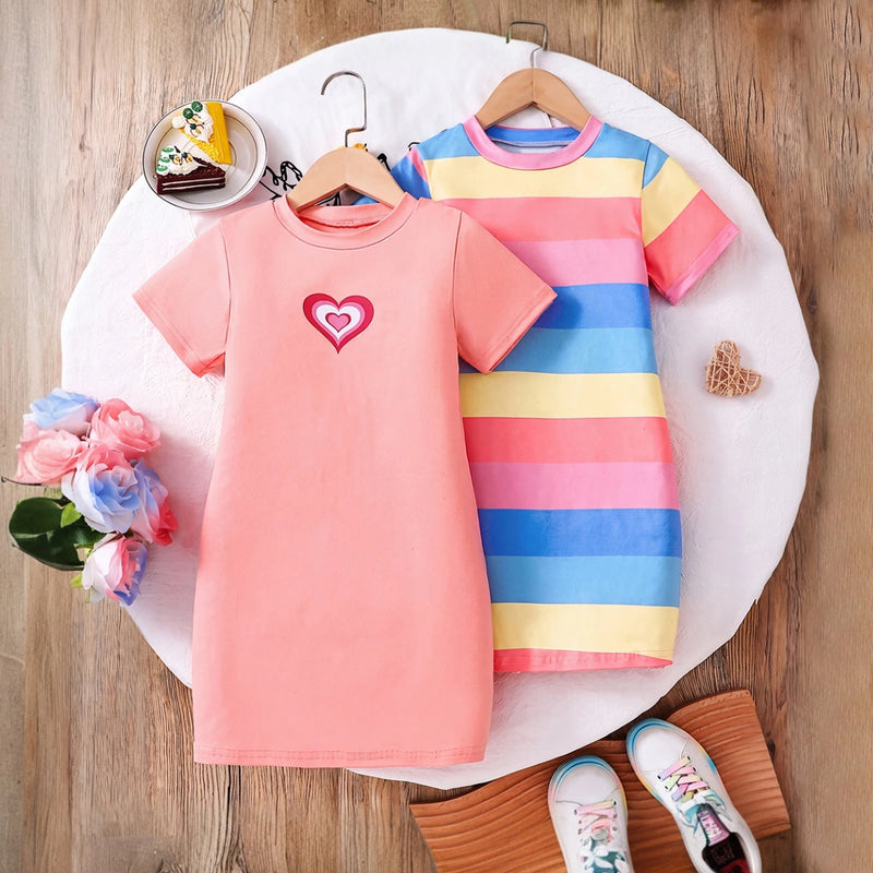 Girls Multicolour Striped Short Sleeve T-Shirt Dress Pack Of 2 Casual Dresses Multicolor 3-4 Y