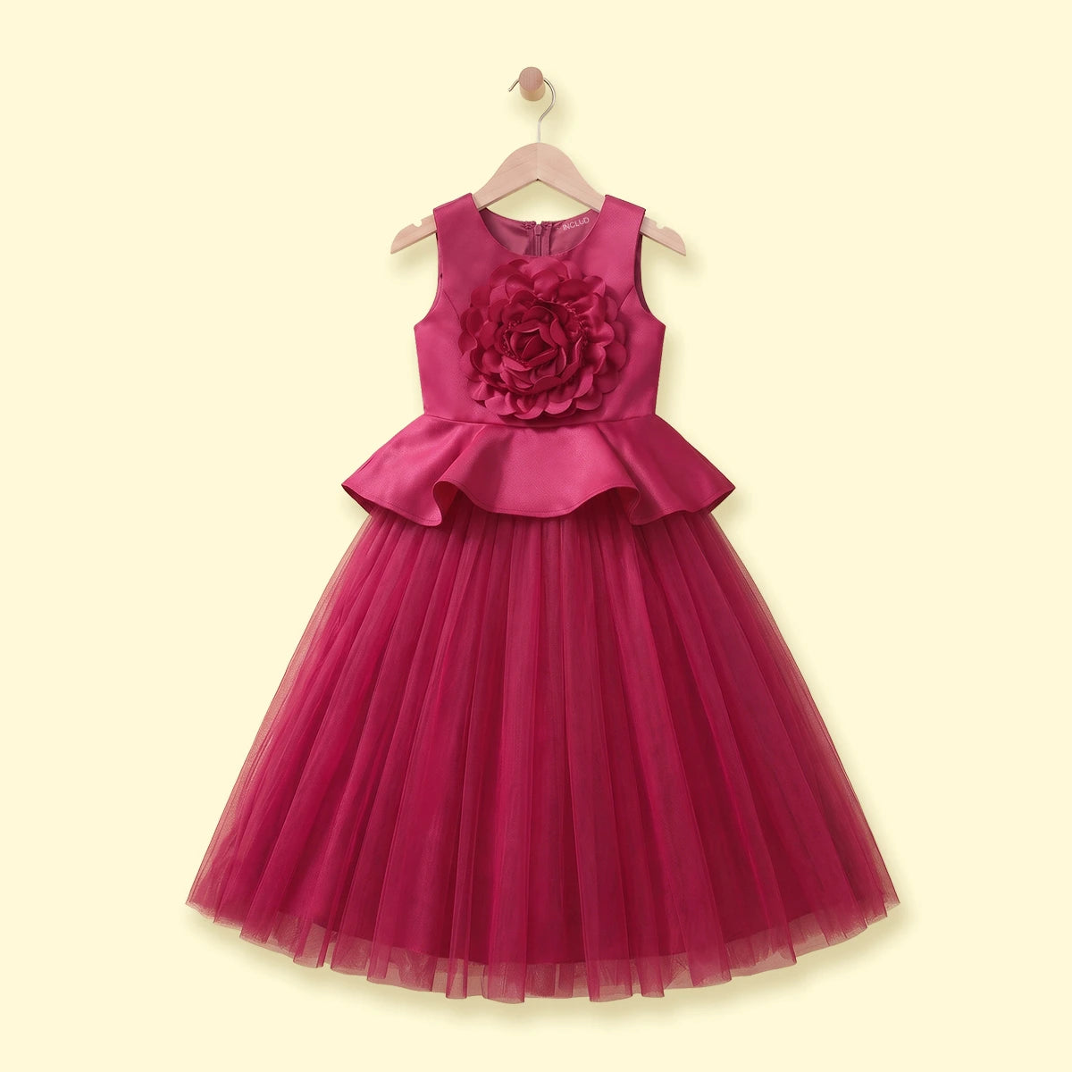 Girls dark pink sleeveless fit and flare party dress with floral applique