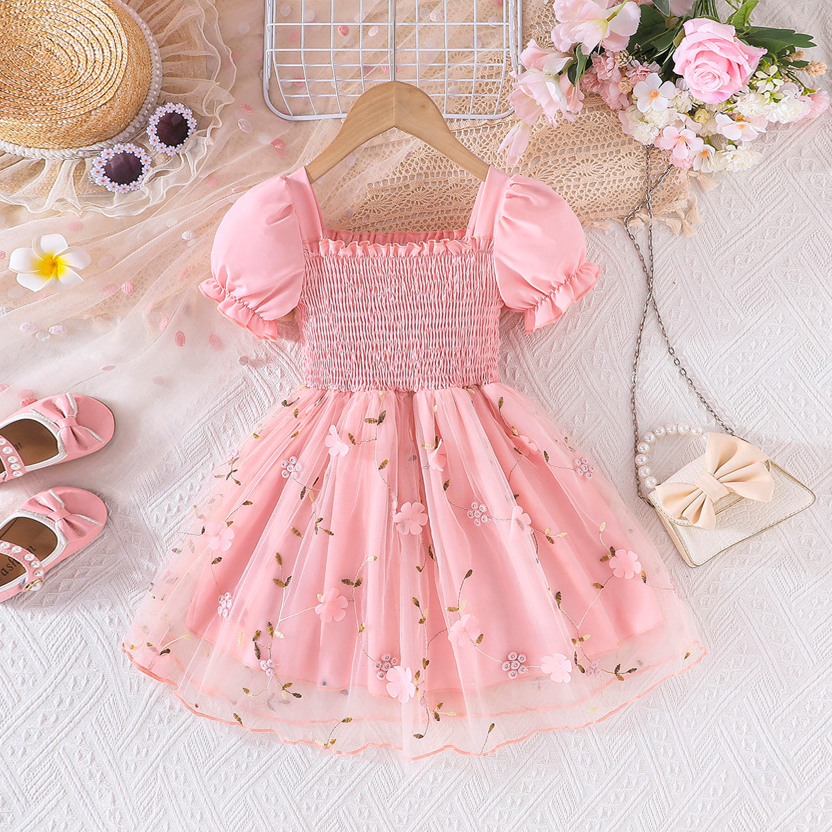 Girls Pink Flower Applique Puff Sleeve Fit & Flare Dress Casual Dresses Pink 3-4 Y