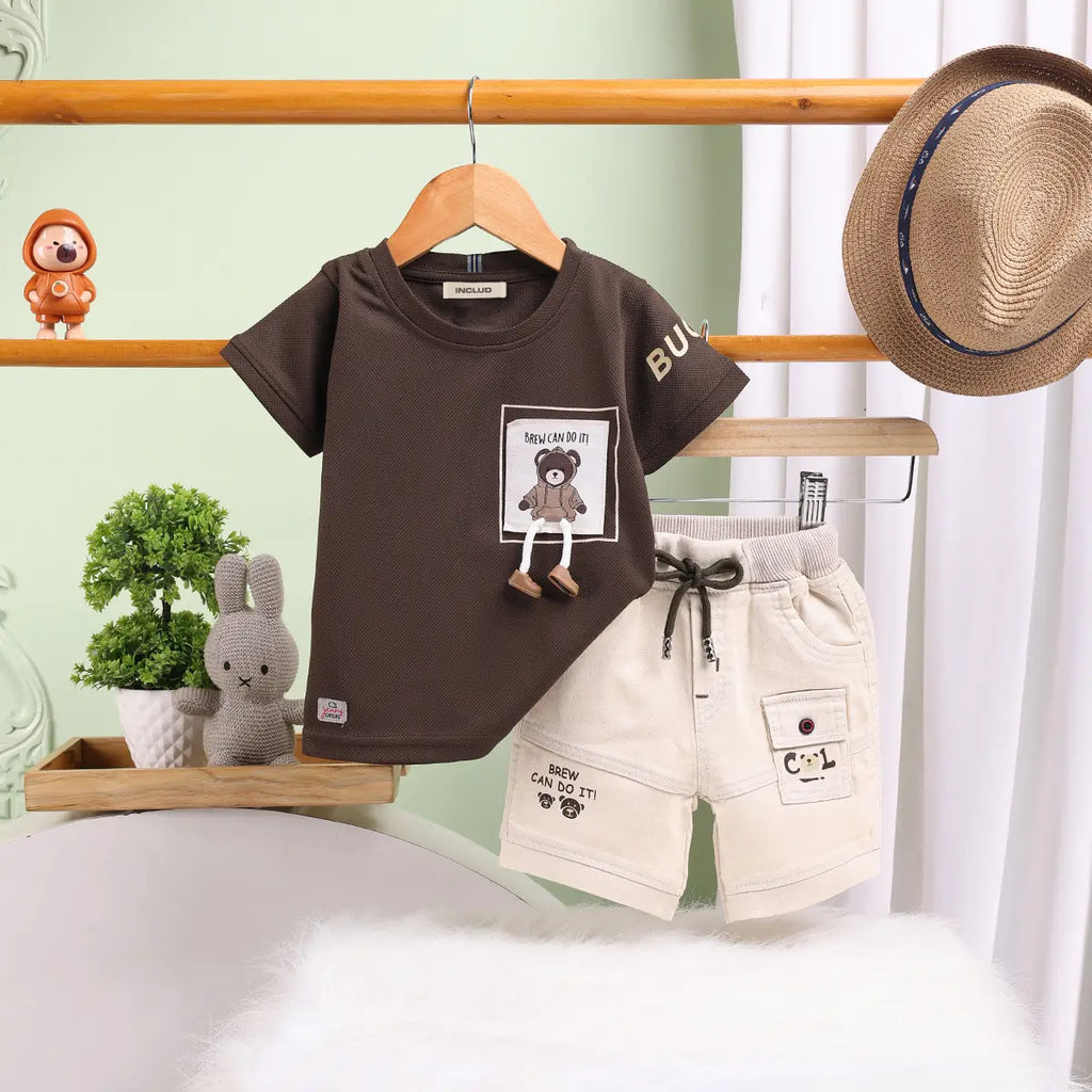 Boys Dark Brown Graphics Short Sleeves T-Shirt With Shorts Set Sets Dark Brown 9-12 M