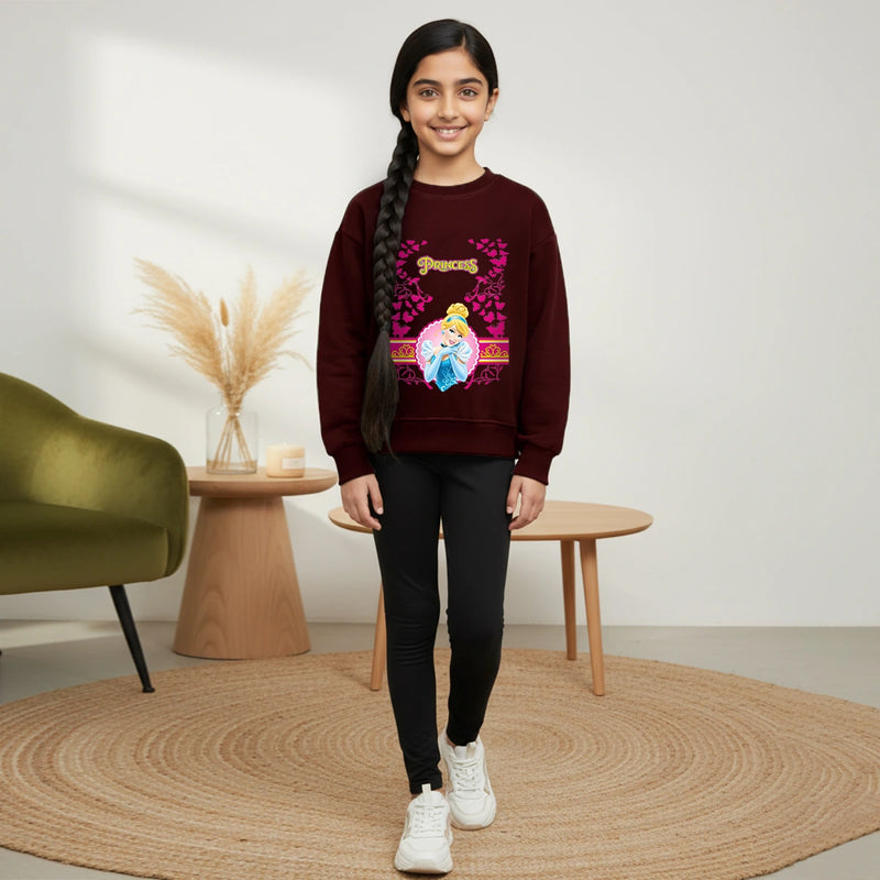 Girls Maroon Princess Graphics Round Neck Sweatshirt Sweatshirts & Hoodies Maroon 4-5 Y
