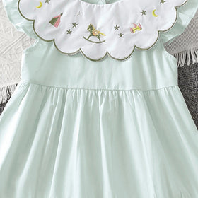 Girls Light Green Embroidered Sleeveless Tiered Dress Casual Dresses