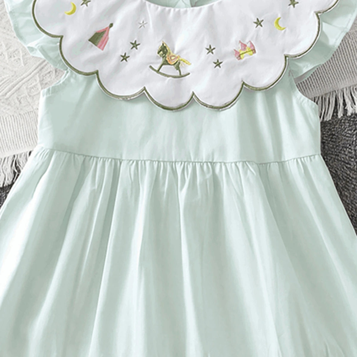 Girls Light Green Embroidered Sleeveless Tiered Dress Casual Dresses
