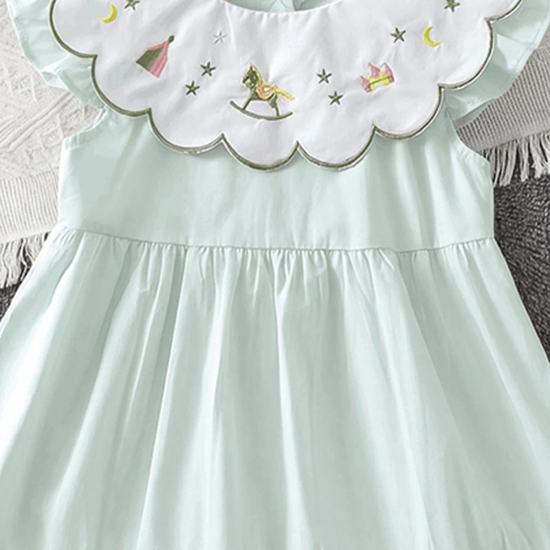 Girls Light Green Embroidered Sleeveless Tiered Dress Casual Dresses