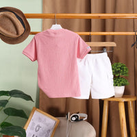Boys Peach Typographic Printed Short Sleeves T-Shirt With Shorts Sets Sets
