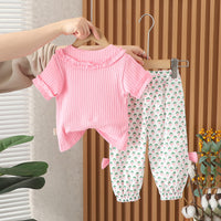 Girls Pink Self Striped Knitted Top With Printed Pant Set 2 pc. Sets