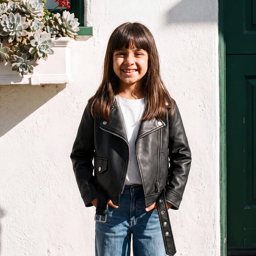 Girls Black Lapel Collar Faux Leather Jackets Coats & Jackets Black 1-2 Y
