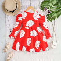 Girls Red Tropical Print Puff Sleeves Fit & Flare Dress Casual Dresses