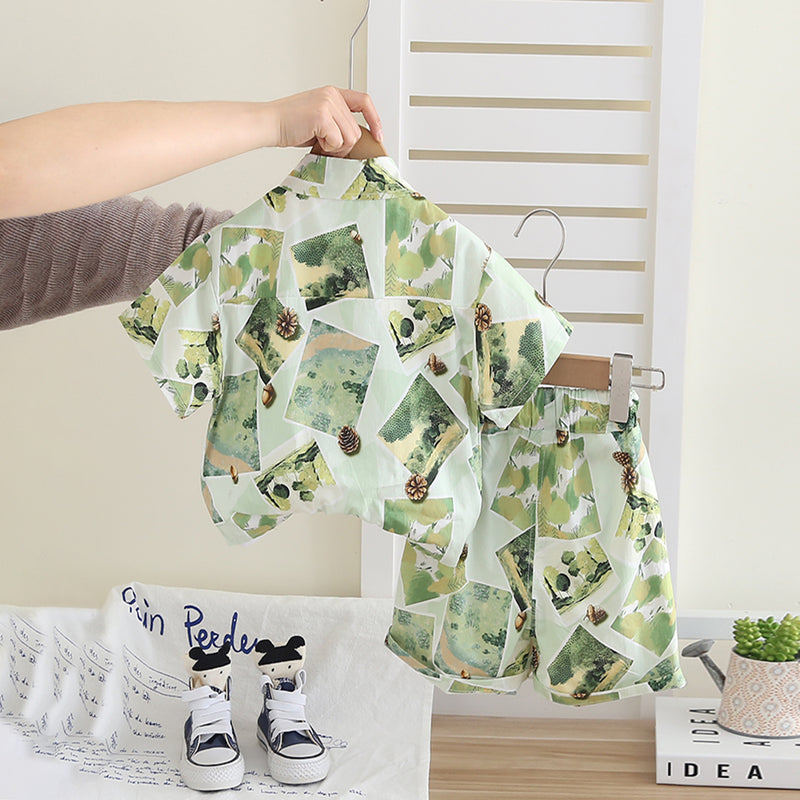 Boys Green Graphic Printed Shirt With T-Shirt And Shorts Set 3 pc. Sets