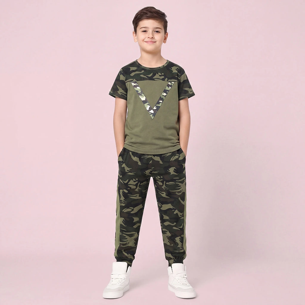 Boys Olive Green Camouflage Print Short Sleeve T-Shirt With Pants Sets 2 pc. Sets Olive 3-4 Y