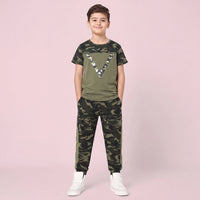 Boys Olive Green Camouflage Print Short Sleeve T-Shirt With Pants Sets 2 pc. Sets Olive 3-4 Y