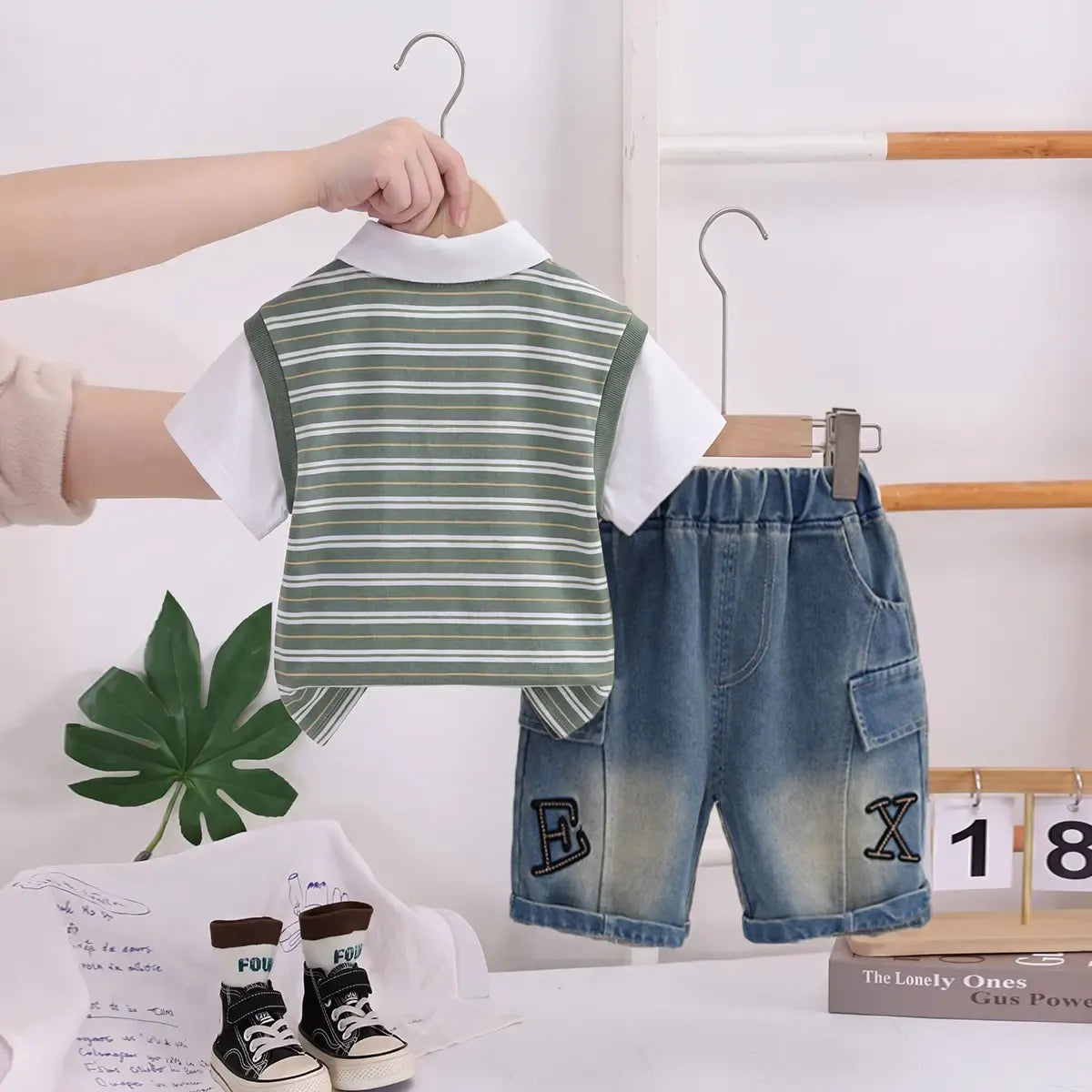 Boys Green Striped Short Sleeve Polo T-Shirt With Denim Shorts Sets 2 pc. Sets