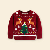 Girls Dark Red Sweater With Self-Design Christmas Themed Patterns Sweaters & Cardigans
