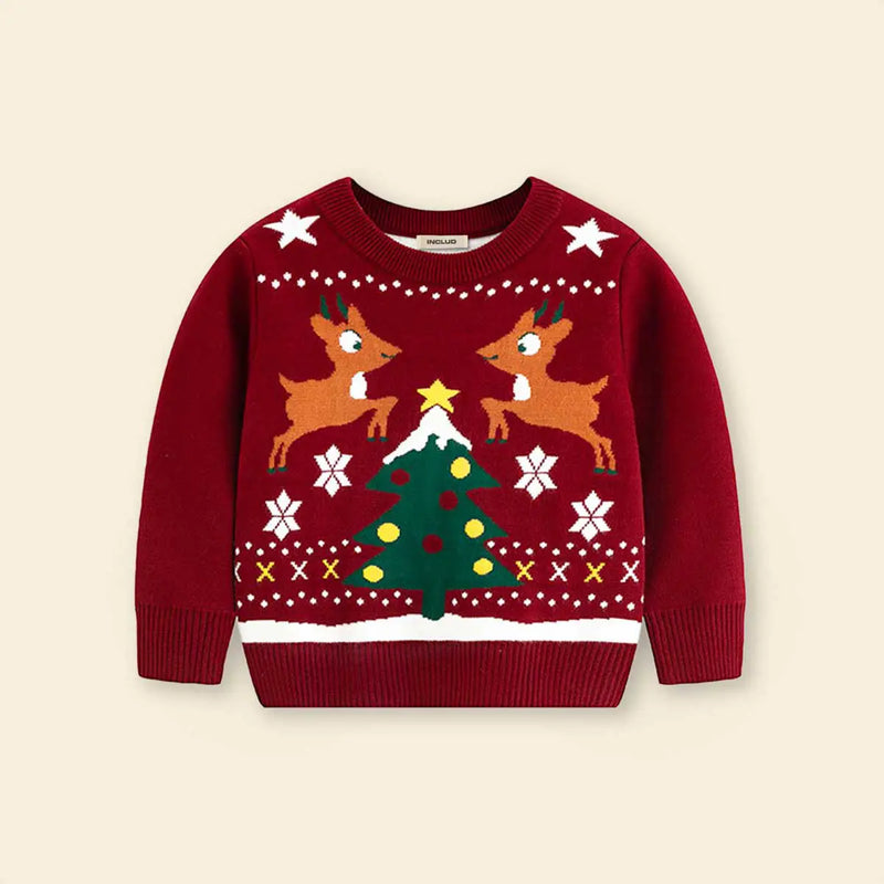 Girls Dark Red Sweater With Self-Design Christmas Themed Patterns Sweaters & Cardigans