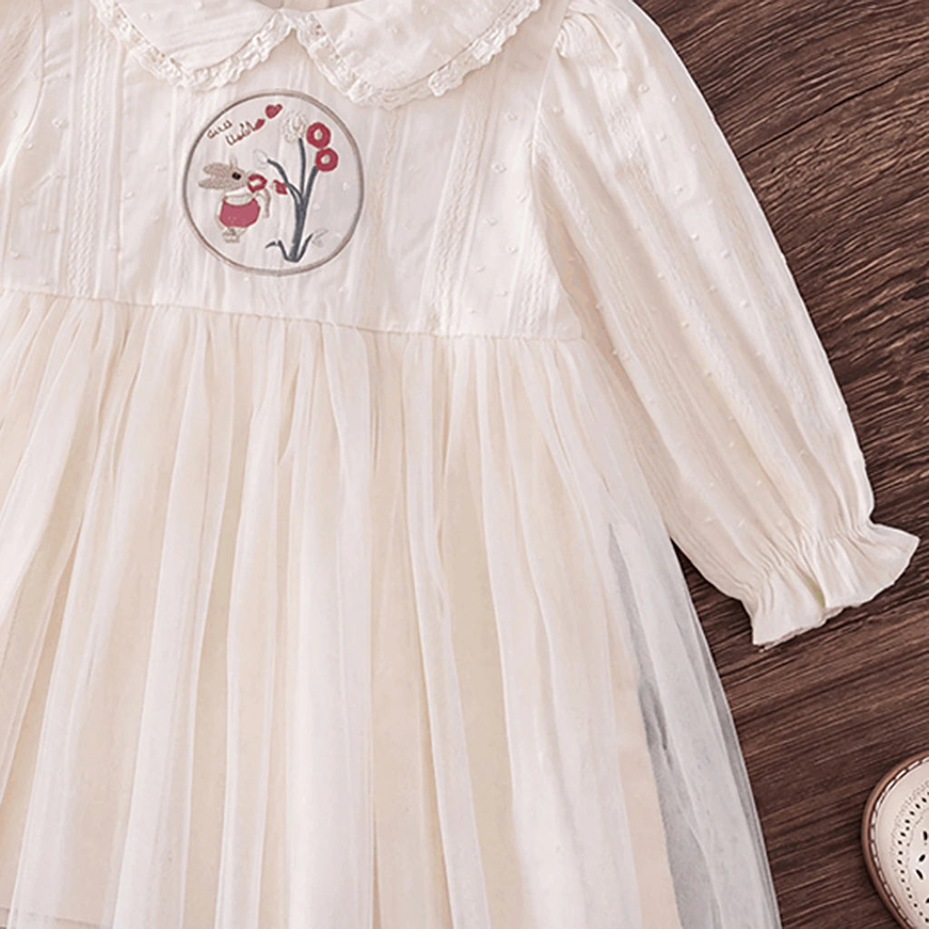 Girls Off White Bunny Embroidered Puff Sleeve A-line Dress Casual Dresses