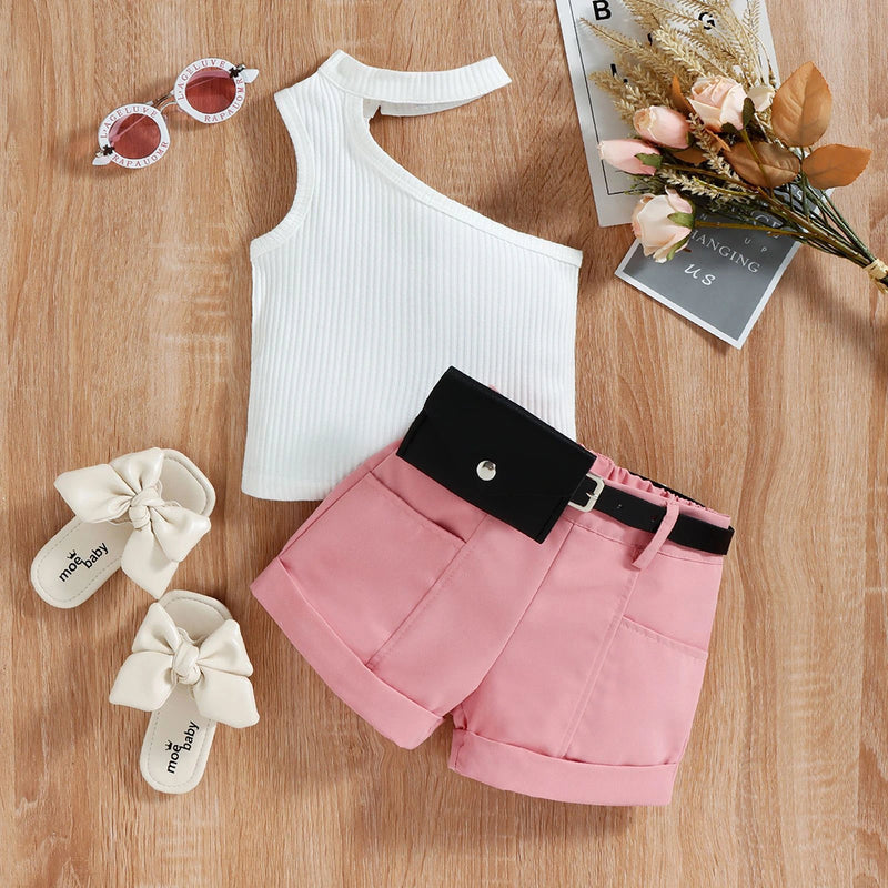 Girls White Ribbed One-Shoulder Top With Elasticated Shorts Sets 2 pc. Sets White 1-2 Y