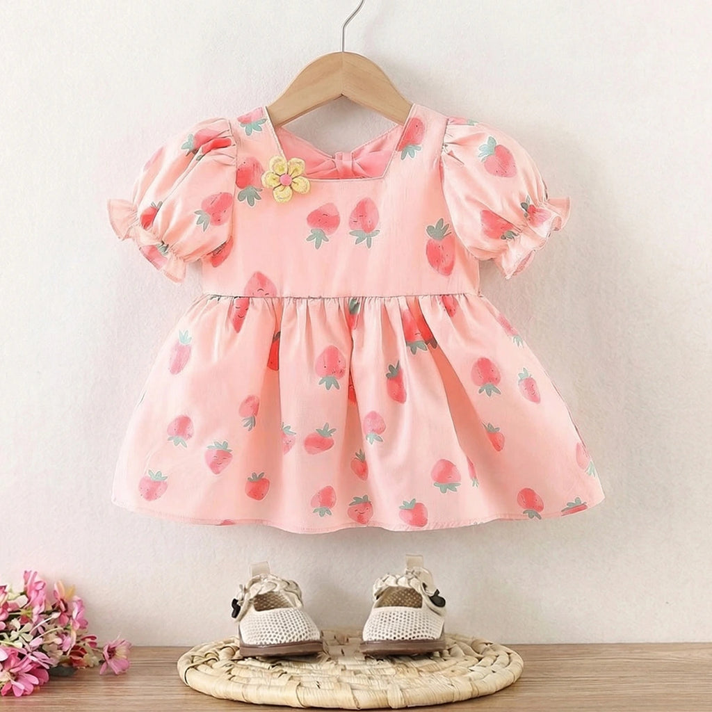 Girls Pink Strawberry Printed Square Neck Fit & Flare Dress Casual Dresses Pink 1-2 Y