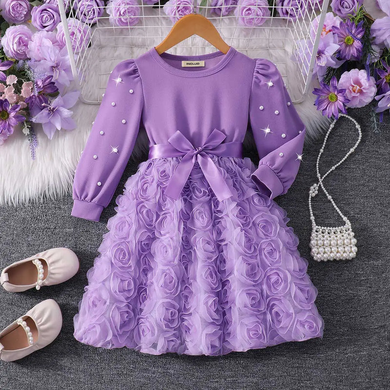 Girls Purple Rose Applique Tulle Overlay Fit & Flare Dress Casual Dresses Purple 3-4 Y