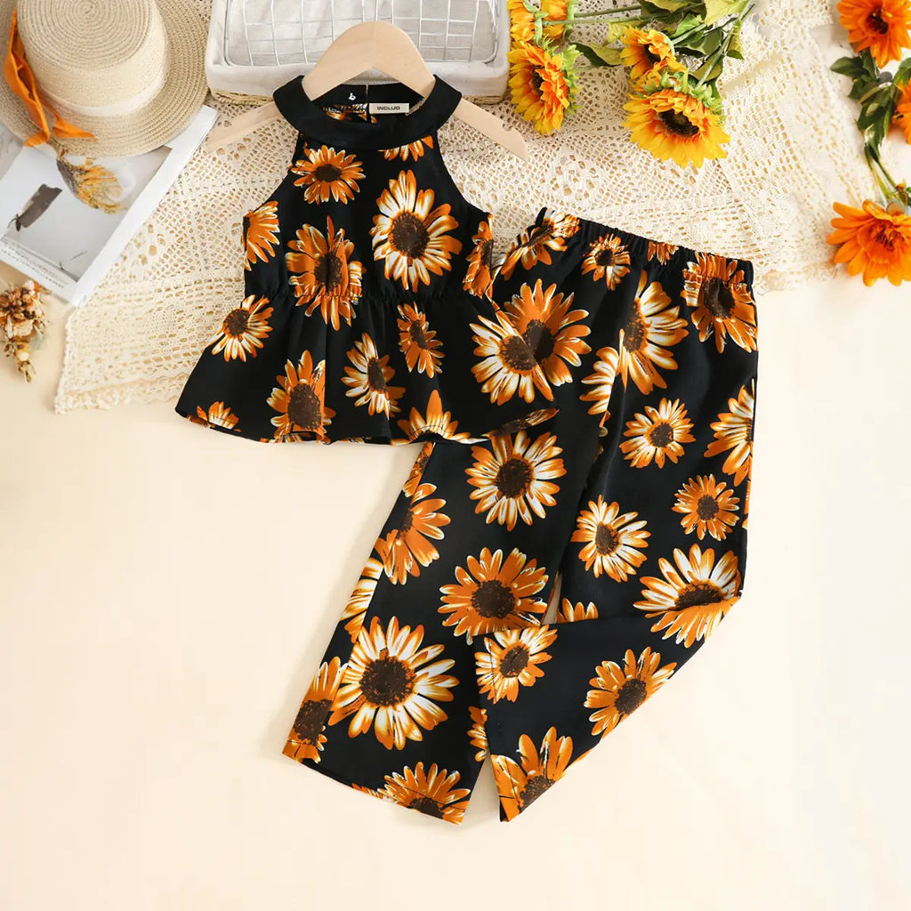 Girls Black Floral Halter Top With Pants Co-ord Sets Sets Black 2-3 Y