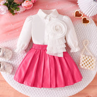 Girls Ruffle Applique Top With Pink Faux Leather Pleated Skirt Sets Sets Pink 1-2 Y