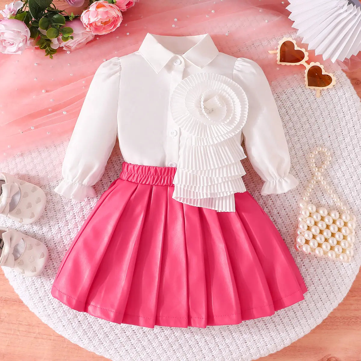 Girls Ruffle Applique Top With Pink Faux Leather Pleated Skirt Sets Sets Pink 1-2 Y
