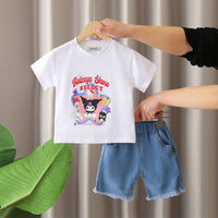 Boys White Cartoon Printed Short Sleeves T-Shirt With Denim Shorts Set 2 pc. Sets White 1-2 Y