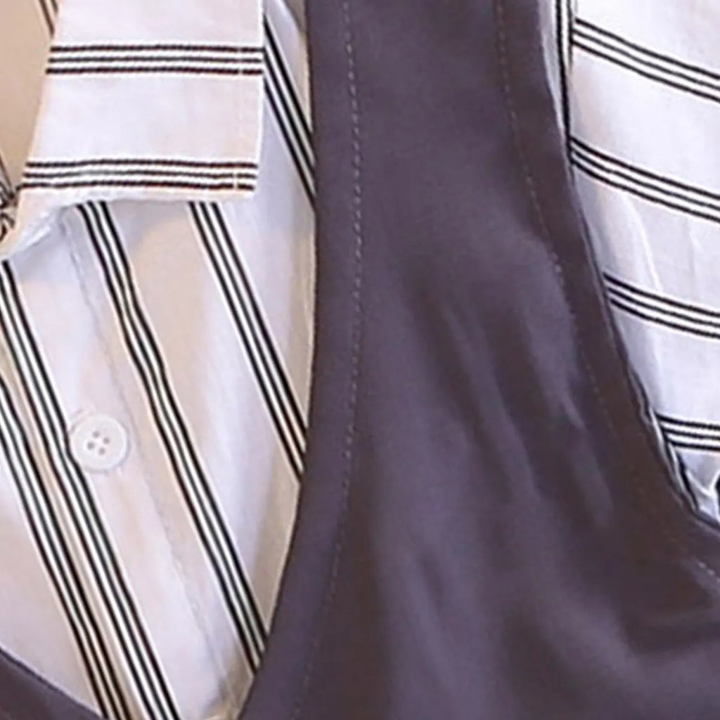 Boys Grey Stripes Attached Front Waistcoat Shirt With Shorts Sets Sets