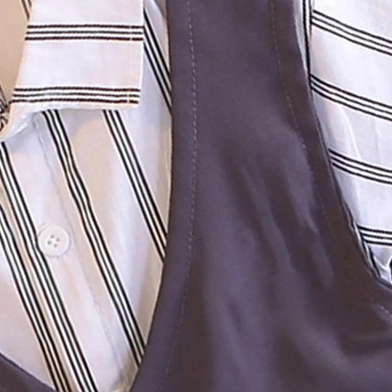 Boys Grey Stripes Attached Front Waistcoat Shirt With Shorts Sets Sets