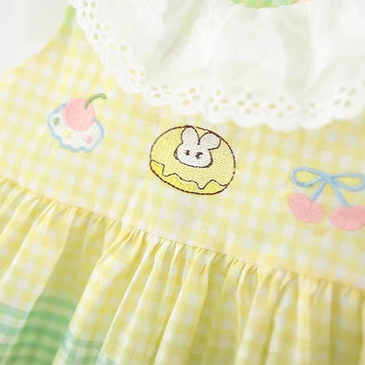 Girls Yellow Checked Bunny Embroidered Sleeveless Fit & Flare Dress Casual Dresses