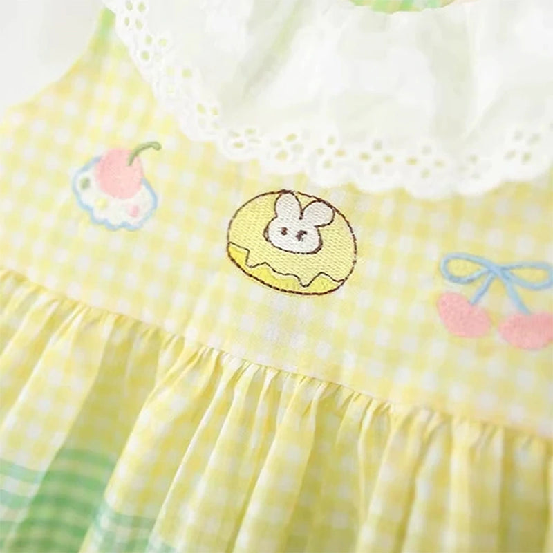 Girls Yellow Checked Bunny Embroidered Sleeveless Fit & Flare Dress Casual Dresses