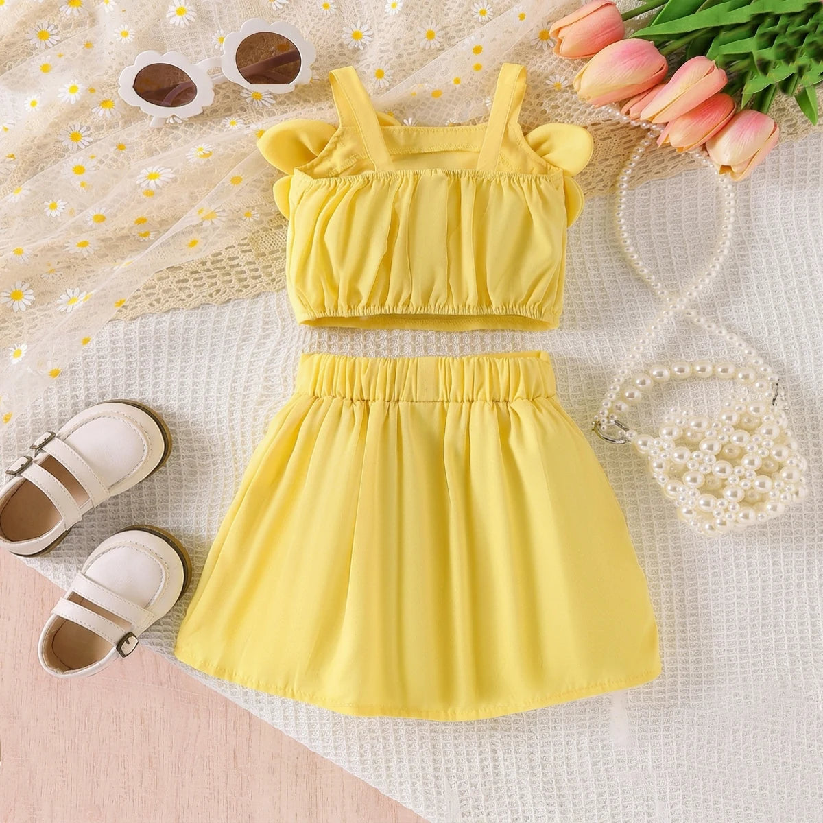 Girls Yellow Floral Applique Sleeveless Top With Skirt Sets 2 pc. Sets