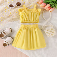 Girls Yellow Floral Applique Sleeveless Top With Skirt Sets 2 pc. Sets