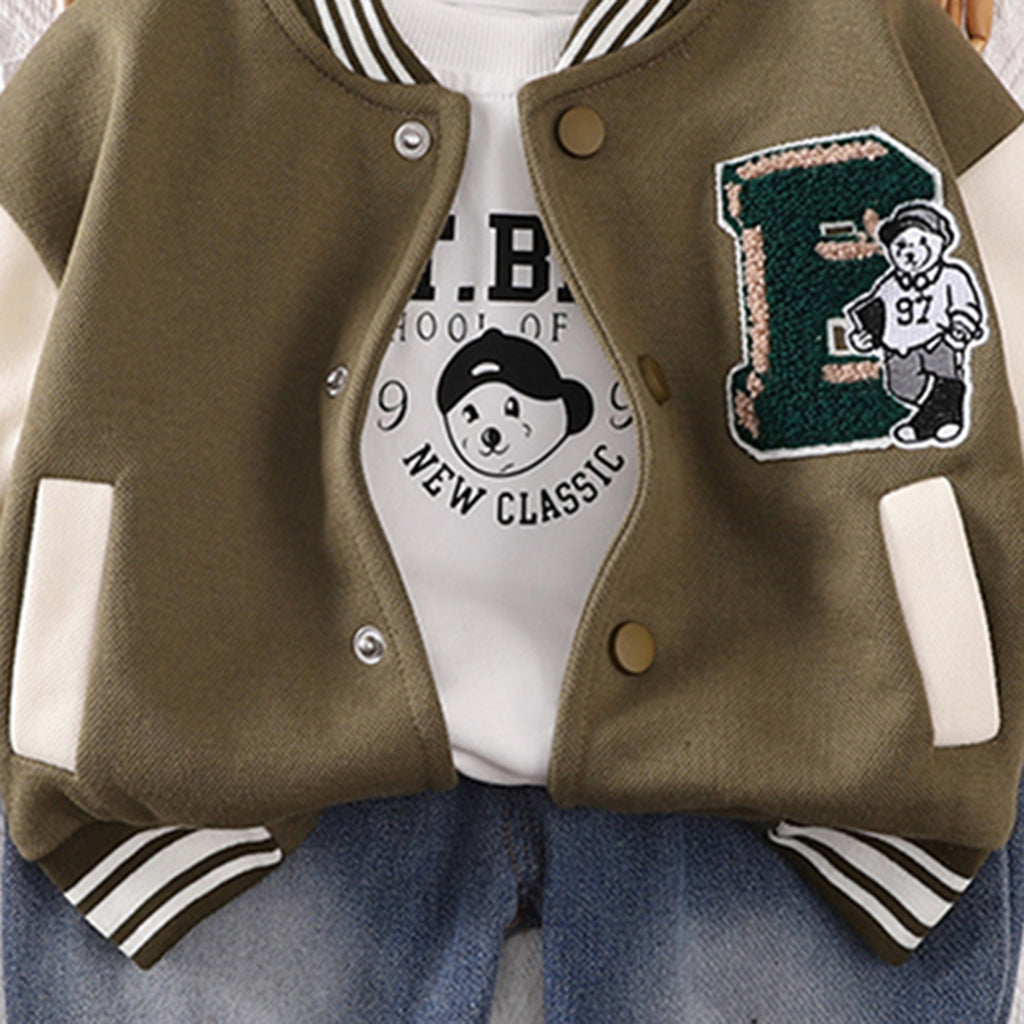 Boys Army Green Printed Varsity Jacket with T-shirt & Jeans Set Sets