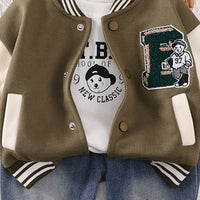 Boys Army Green Printed Varsity Jacket with T-shirt & Jeans Set Sets