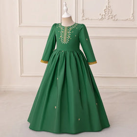 Girls Green Printed Fit & Flare Dress With Long Sleeves Casual Dresses