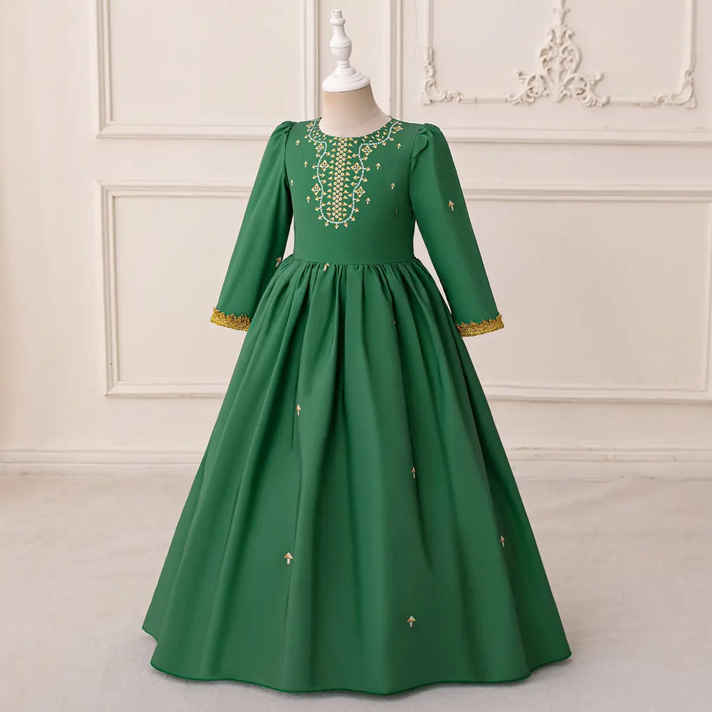 Girls Green Printed Fit & Flare Dress With Long Sleeves Casual Dresses
