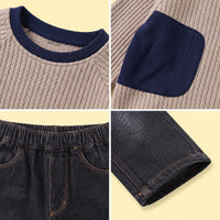 Boys Khaki Textured Sweatshirt With Denim Pants Sets Sets