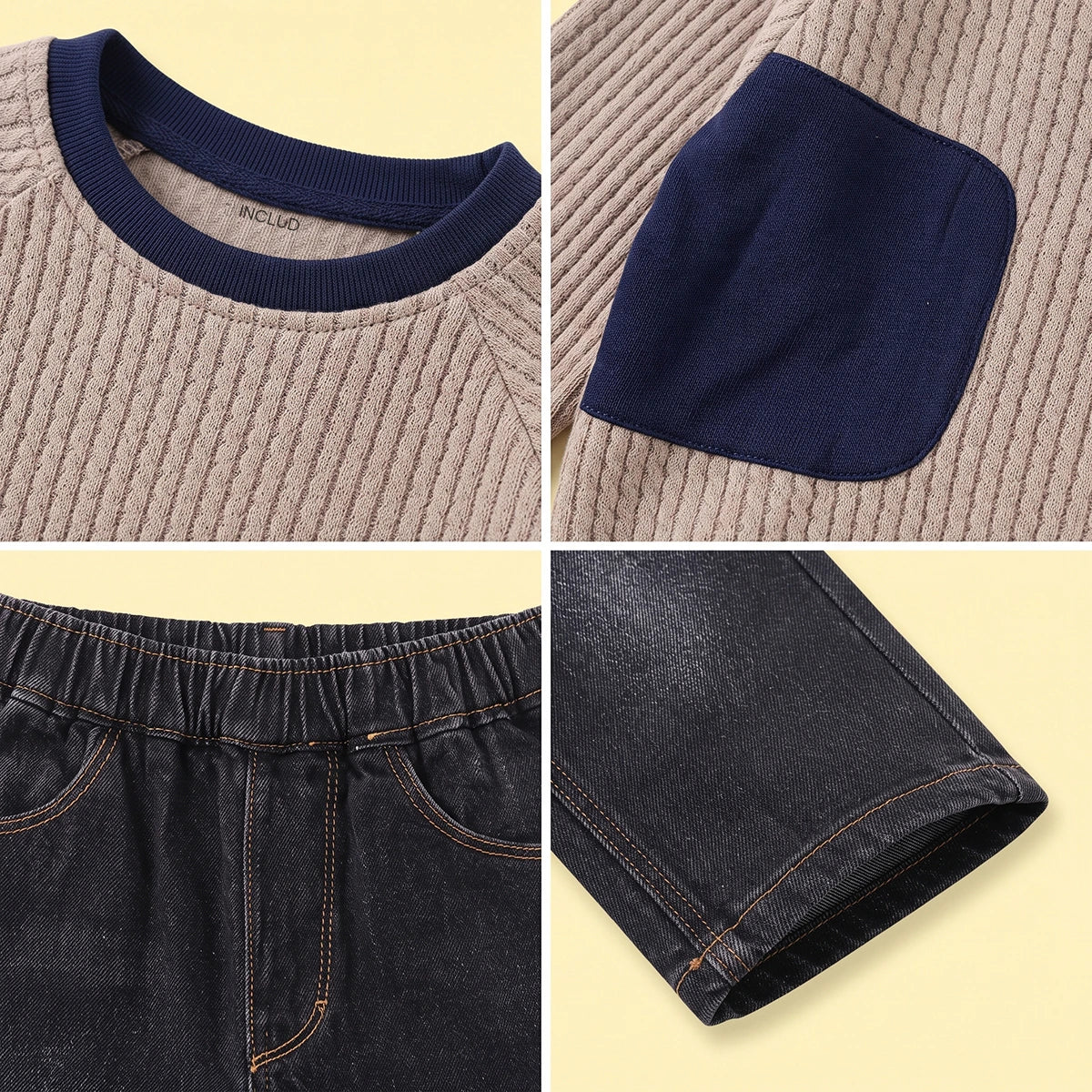 Boys Khaki Textured Sweatshirt With Denim Pants Sets Sets