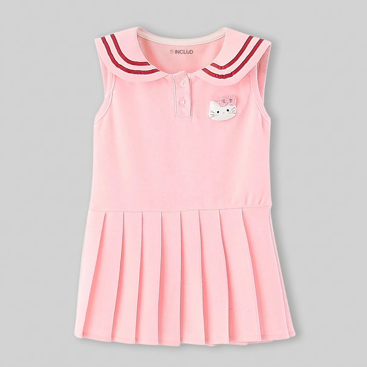 Girls Pink Hello Kitty Sailor Collar Pleated Dress Casual Dresses