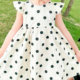 Girls White Polka Dot Print Flutter Sleeve Dress With Bow Casual Dresses