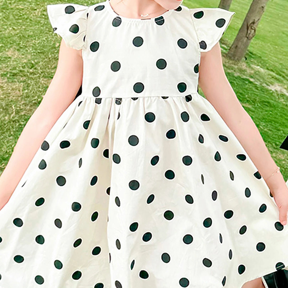 Girls White Polka Dot Print Flutter Sleeve Dress With Bow Casual Dresses