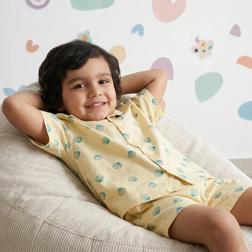 Boys Yellow Seashell Printed Short Sleeve Shirt With Printed Elasticated Shorts Set Sets