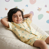 Boys Yellow Seashell Printed Short Sleeve Shirt With Printed Elasticated Shorts Set Sets