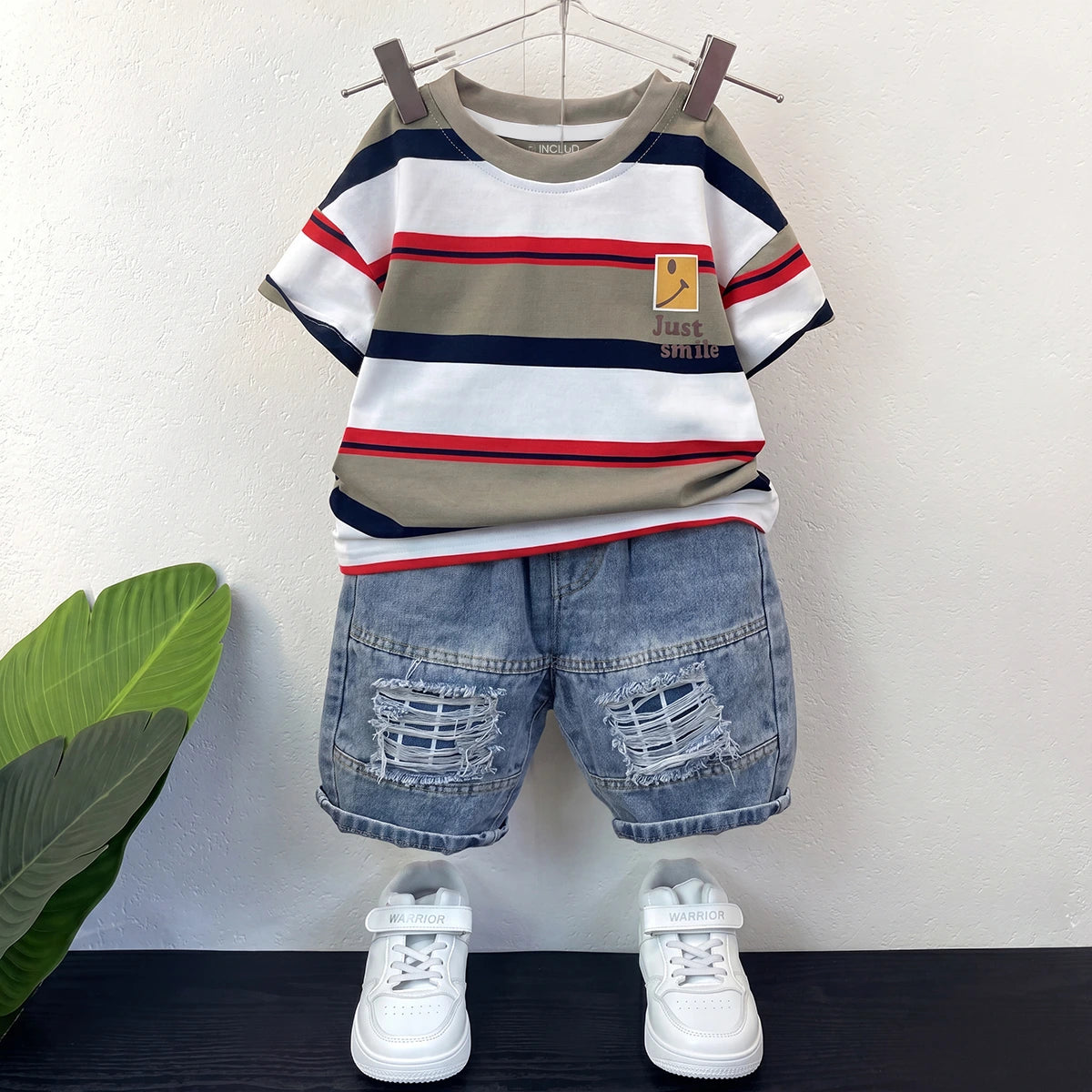 Boys Multicolour Striped Short Sleeve T-Shirt With Denim Shorts Sets 2 pc. Sets Multicolor 1-2 Y