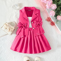 Girls Fuchsia Bow Applique Top With Camisole Top And Pleated Skirt Sets 3 pc. Sets